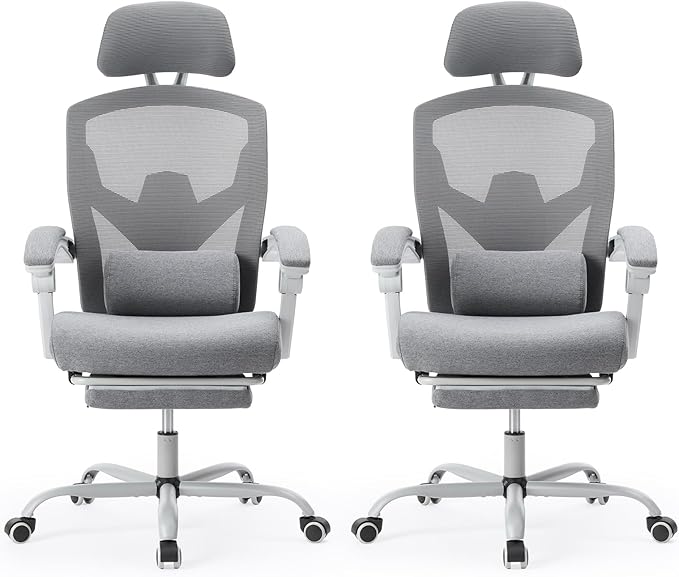 Sweetcrispy Office Computer Desk Chair Set of 2, Ergonomic High-Back Mesh Rolling Work Swivel Chairs with Wheels, Comfortable Lumbar Support, Comfy Arms for Home, Bedroom, Study, Student, Light Grey