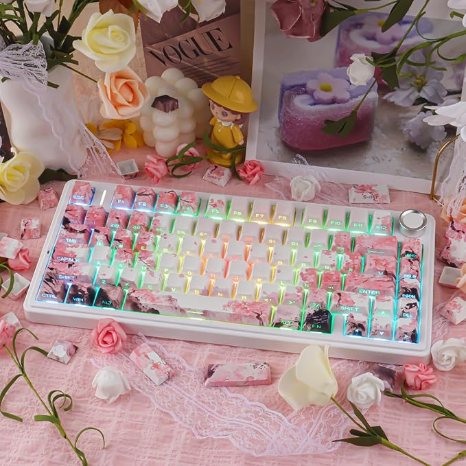 Tsungup PBT Keycaps Cherry Blossom Keycap Set - Custom Landscape Painting Sakura Pink Keycaps,131 Keys Side Print Key caps Cherry Profile Keyboard Key caps for Mechanical Keyboards
