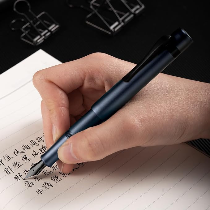 HONG DIAN M2 Black Forest Mini Fountain Pen, Fine Soft Nib & Sleek Shape Aluminium Short Pocket Travel Pen (Midnight Blue)