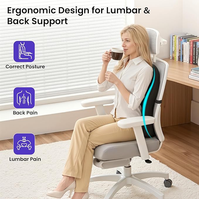 ZZ-WELL Lumbar Support Pillow for Office Chair - Memory Foam Office Chair Back Support - Ergonomic Lumbar & Back Support Pillow with Strap, Machine Washable Cover (Black)