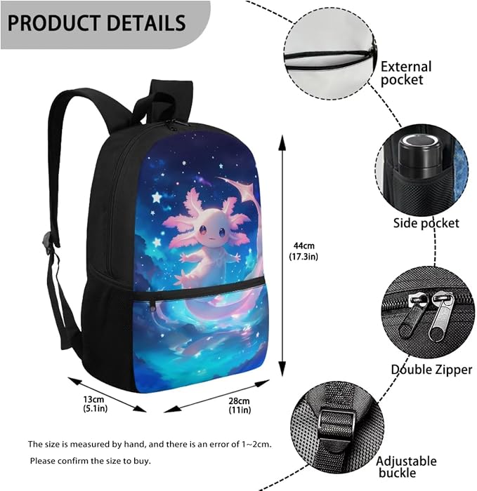 WELLFLYHOM Little Kid Axolotl 4 PCS Backpack Set for Girls Back to School Supplies, Blue 17 Inch Starry Night Elementary School Backpack with Lunch Box for Age 6-8, Mochilas Escolares Para Niñas