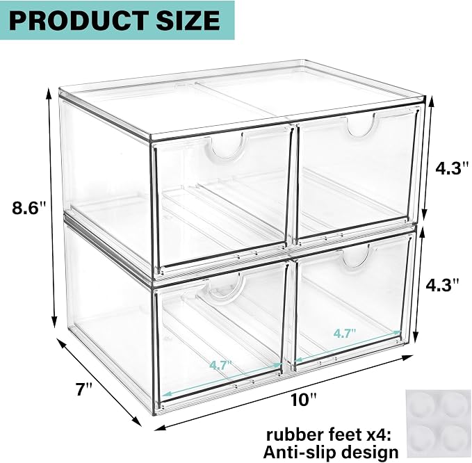 Prsildan Stackable Clear Makeup Organizer, 2 Pack Acrylic Storage Drawers with 4 Drawers for Vanity Bathroom Office Desk Modular Drawer System for Cosmetics Jewelry Toiletries Home Organization