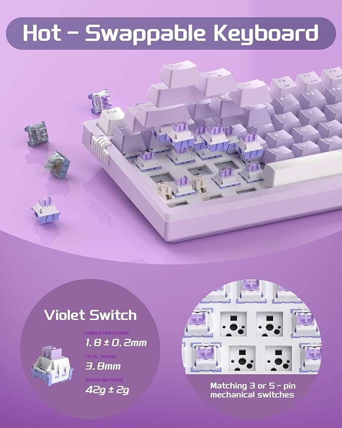 MageGee SKY98 Mechanical Gaming Keyboard, 96% Gasket Hot Swappable Wired Custom Creamy Keyboard with 5-Layer Sound Dampening, RGB Backlit, NKRO for Win/Mac (Violet, Violet Switch)