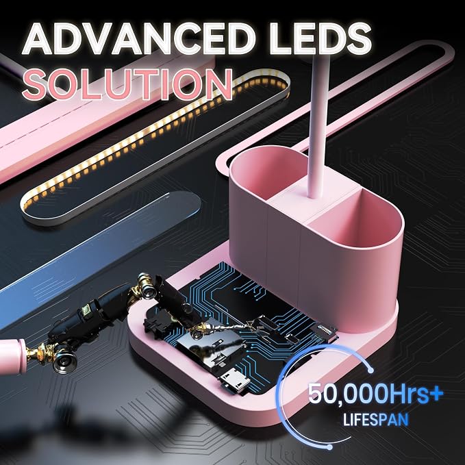 AXX Pink Desk Lamp for Home Office, Cute Table Lights for Bedrooms, Kawaii, Dimmable LED, Flexible Gooseneck, Pen Holder, Touch Control, Room College Dorm Essentials for Teen Girls Kids