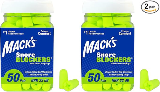 Mack’s Snore Blockers Soft Foam Earplugs, 50 Pair – 32 dB High NRR, 37 dB SNR – Comfortable Ear Plugs for Sleeping, Snoring, Loud Noise and Travel (Pack of 2)
