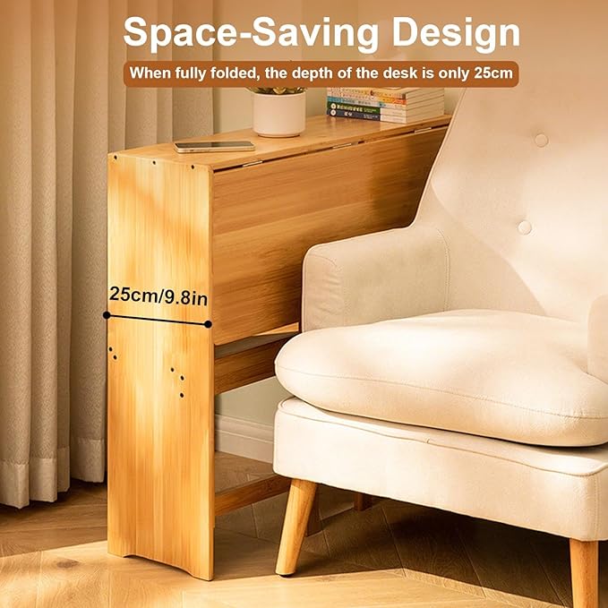 41" Bamboo Folding Desk with Bookshelf, Folding Bamboo Desk for Small Spaces, Computer Table Space Saving, Wooden Desks for Home Bedroom Study Office Bamboos Writing Desks, Primary