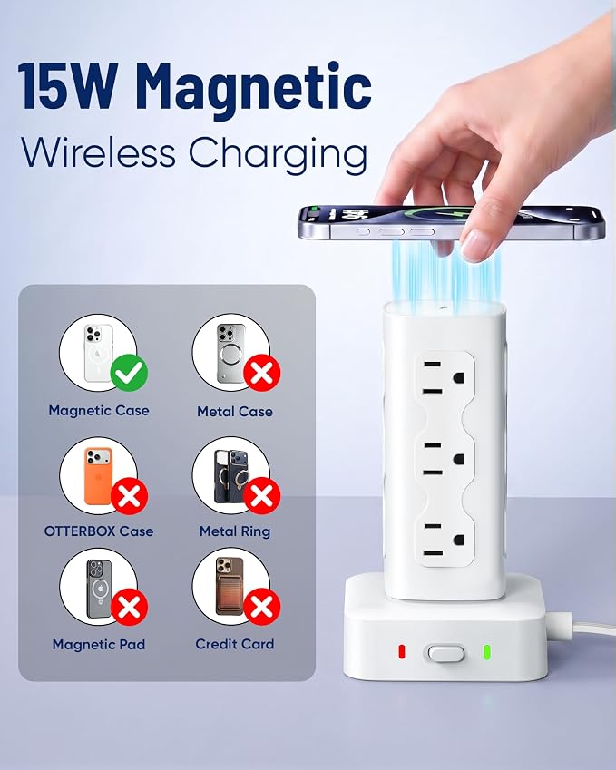 Power Strip Tower Surge Protector(2000J), PD65W Charging Station Tower with 12 AC Outlets & 8 USB Ports (4 USB C), 6FT Extension Cord for Home Office Dorm, White