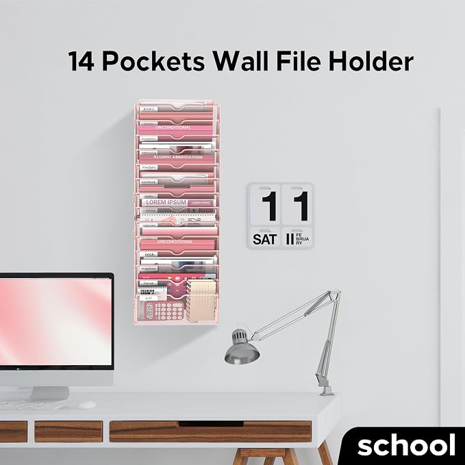 14 Tier Wall Hanging File Organizer, Paper Folder Holder Wall Mounted, Metal Mail Sorter for Office Home School, Pink