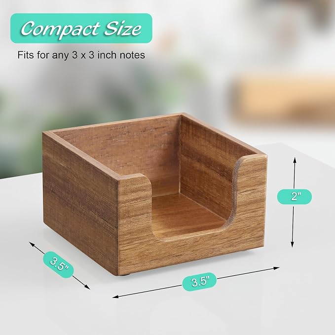 Acacia Wood Sticky Note Holder, 3 x 3 Inch Post It Note Dispenser for Office Desk Accessories, Self Stick Note Pad Holder, Memo Pad Holder Dispenser Organizer for School Office Desk Supplies