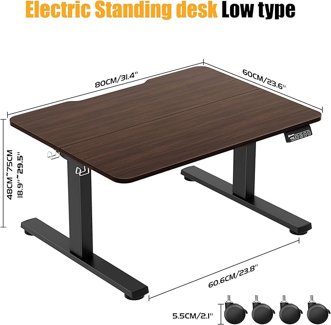 ERGOMAKER Low Height Adjustable Desk with Lockable Wheels, Lifts 18.9"-29.5", 31.5" x 23.6" Electric Small Standing Desk with Splice Board for Home Office & Short People(Black Frame, Walnut Desktop)