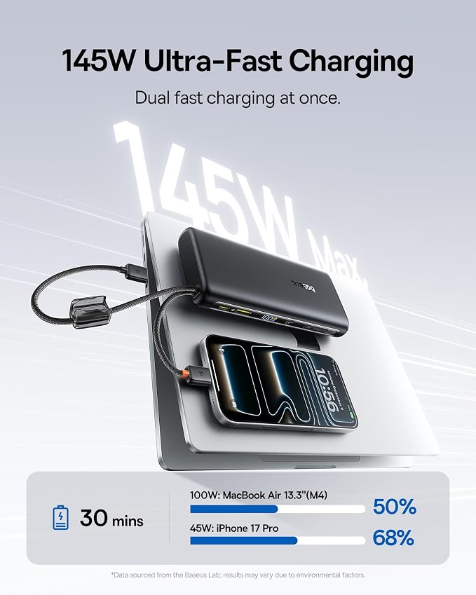 Baseus 25000mAh Power Bank, CCC Certified 145W Laptop Portable Charger with Dual Built-in USB-C Cables, PD3.1 Fast Charging Battery Pack for MacBook Pro/Air,iPhone 17/16 Series Galaxy S25/S24