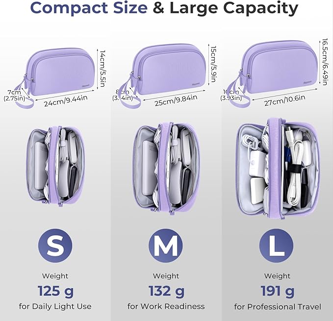 Skycase Travel Cable Organizer - Lightweight Water Resistant Dual-Layer Tech Pouch with Wrist Strap 9 Compartments Electronic Organizer Travel Case for Charger Cord Hard Drive,Small,Purple