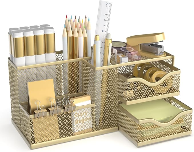 Mesh Desk Organizer, Pen Organizer with 2 Drawers and 5 Compartments, Versatile Pen Holder for Small Space, Desk Organizers and Accessories for School Office Supplies, Gold