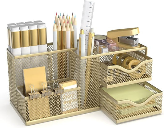 Mesh Desk Organizer, Pen Organizer with 2 Drawers and 5 Compartments, Versatile Pen Holder for Small Space, Desk Organizers and Accessories for School Office Supplies, Gold