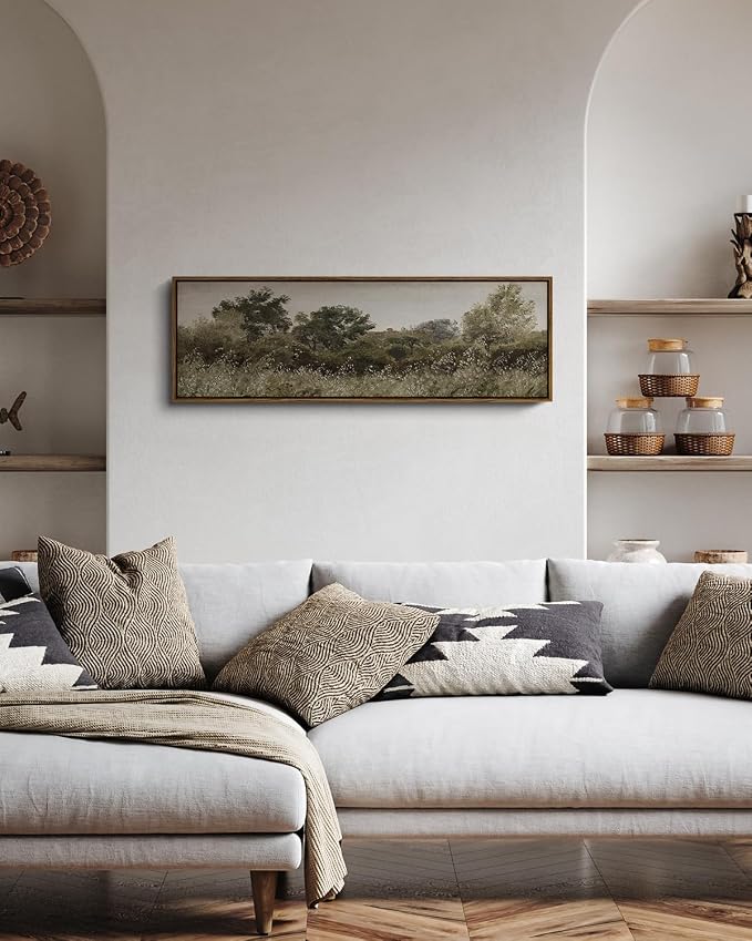 InSimSea Extra Large Framed Vintage Wall Art, Living Room Country Farmhouse Decor, Grassland Landscape Paintings, Canvas Prints, Retro Scenery Long Picture for Bedroom Above of Bed,12x36inch