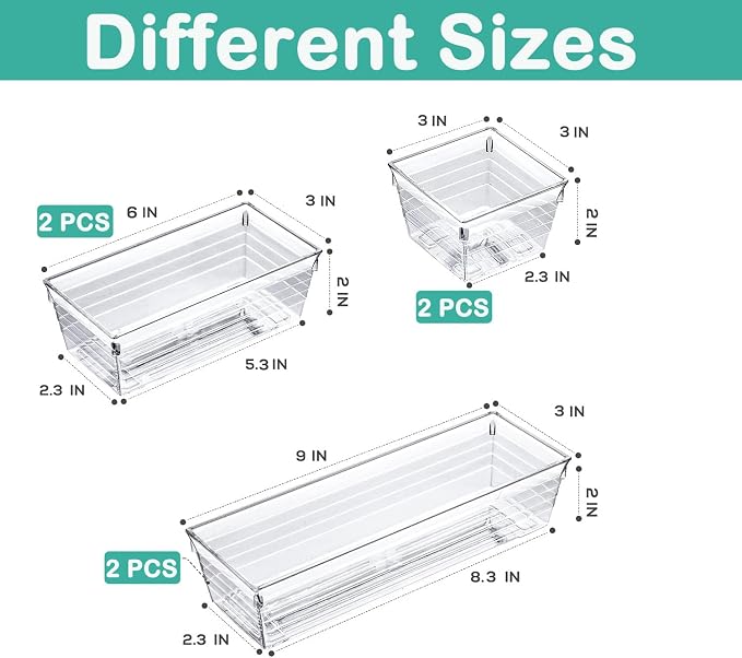 DCA 6 Pack Clear Drawer Organizer, Multi-Size Storage Bins | Makeup, Cosmetics & Utensils | Drawer Tray set | Customizable Layout | Easy to Clean