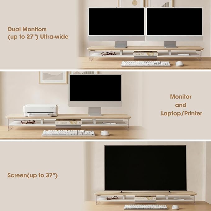 Fenge 42.5" Dual Monitor Stand with Clear Acrylic Legs, Oak | Clear Acrylic, Storage Compartment, 2-tier Home Office Monitor Riser, Wide Large Desktop Shelf Fit Monitor/Laptop/Printer