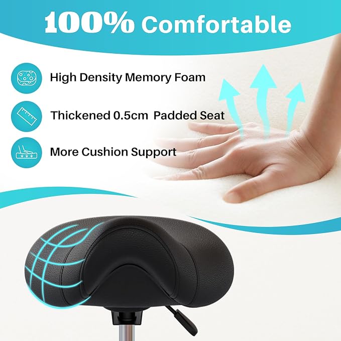 YEEZEE Saddle Stool Ergonomic, Saddle Chair with Wheels, Dark Black | Comfortable Wide Thick Saddle Seat Padding, 360°Swivel, Adjustable Height, Ring Pedal Design, for Medical Massage Salon Spa