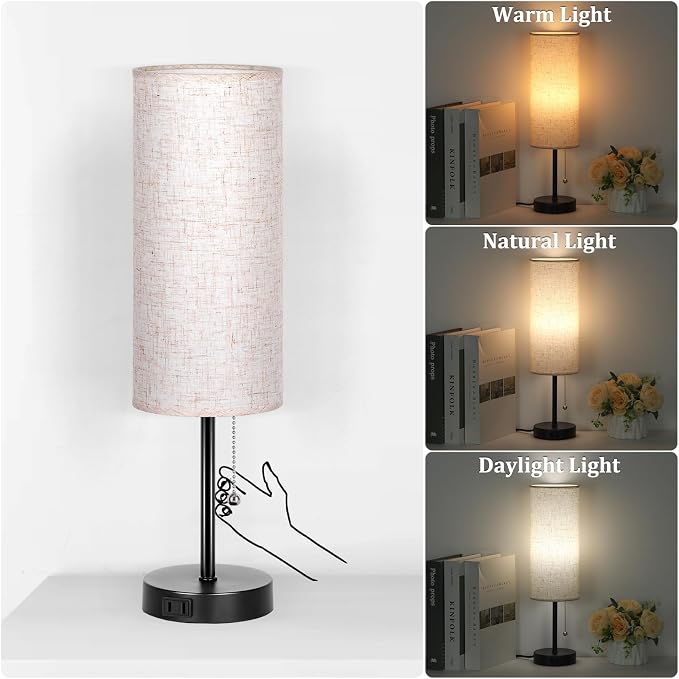 Dott Arts 18" Table Lamp for Bedroom, 3-Color Bedside Lamps with Pull Chain, Bedroom Table Lamps for Nightstand,AC Outlet Small Lamp for Living Room, Bulb Included Flax