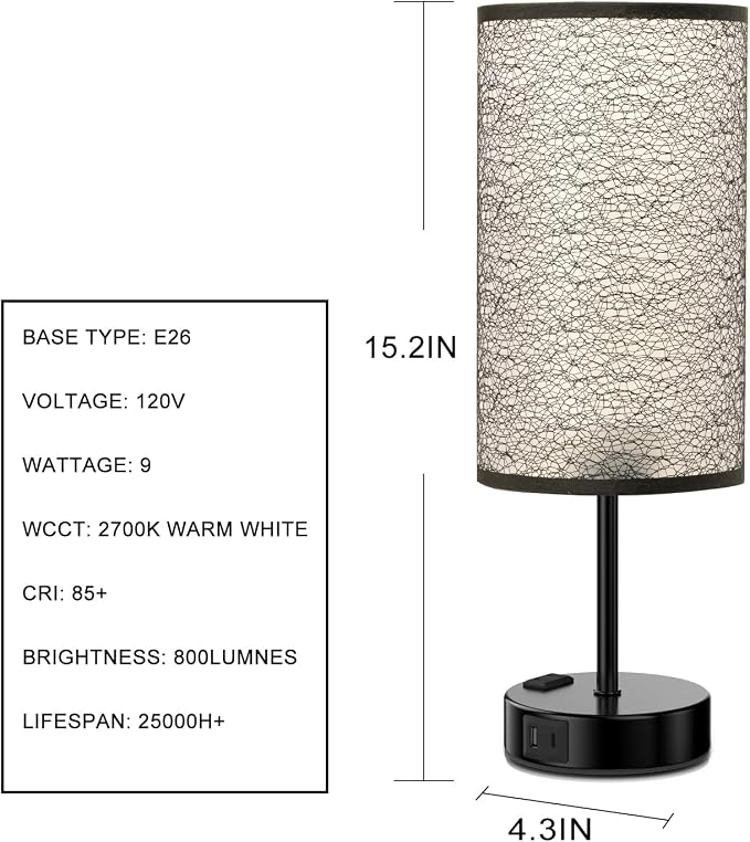 YIDPU Table Lamp for Bedroom with Touch Control,Bedside Lamp with USB C+A Charging Ports& AC Outlets, Adjustable 3color LED Light for Home Decor/Nightstand/Bedroom/Office,Included Bulb