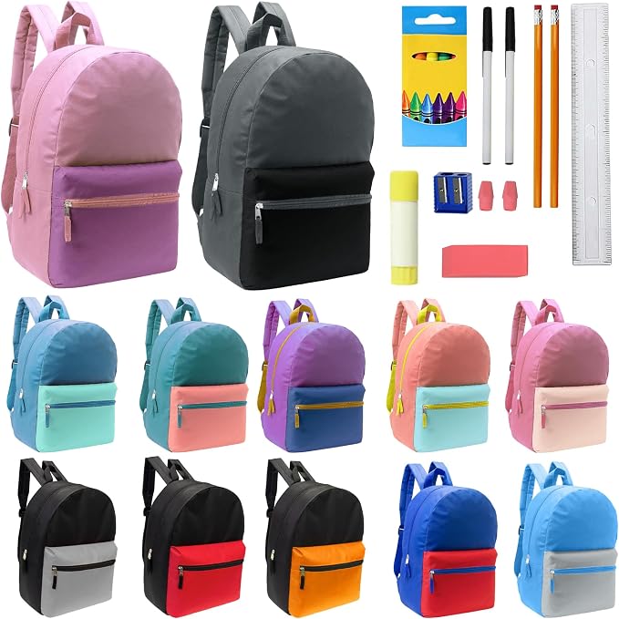 Moda West 17 Inch Bulk Backpacks with 16 Piece School Supply Kit - Case of 12 Wholesale Backpacks in Assorted Colors 6 Boy 6 Girl