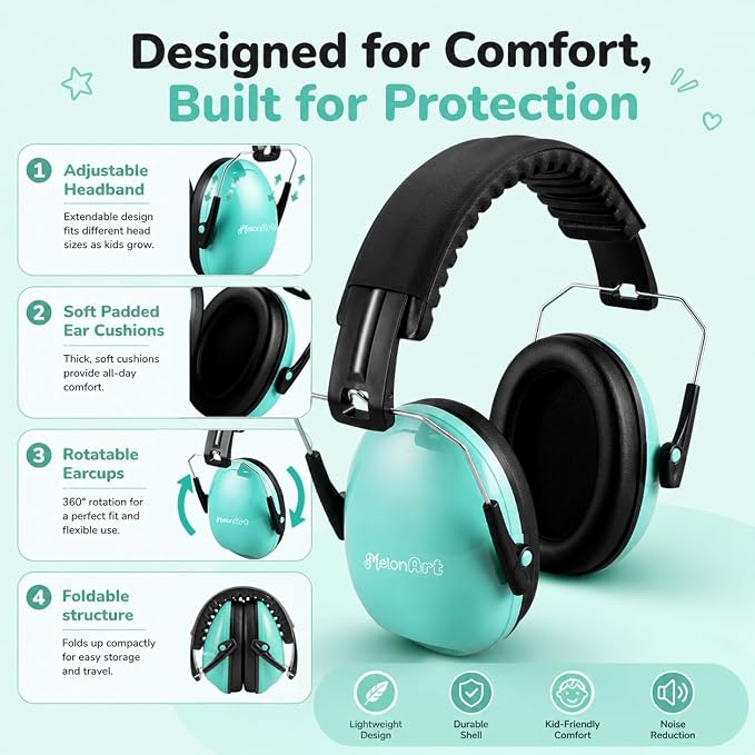 MelonArt Kids Ear Protection Ear Muffs Noise Cancelling Headphones for Kid Toddler Adult Autism Sensory, 27dB Noise Reduction Earmuffs Hearing Safety for Shooting Monster Truck Concert Fireworks