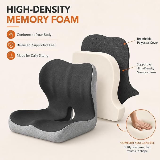Ergonomic Memory Foam Seat Cushion for Tailbone Pain Relief, Suitable for Office Home Chair, Car and Wheelchair (Black & Gray(Oversized))
