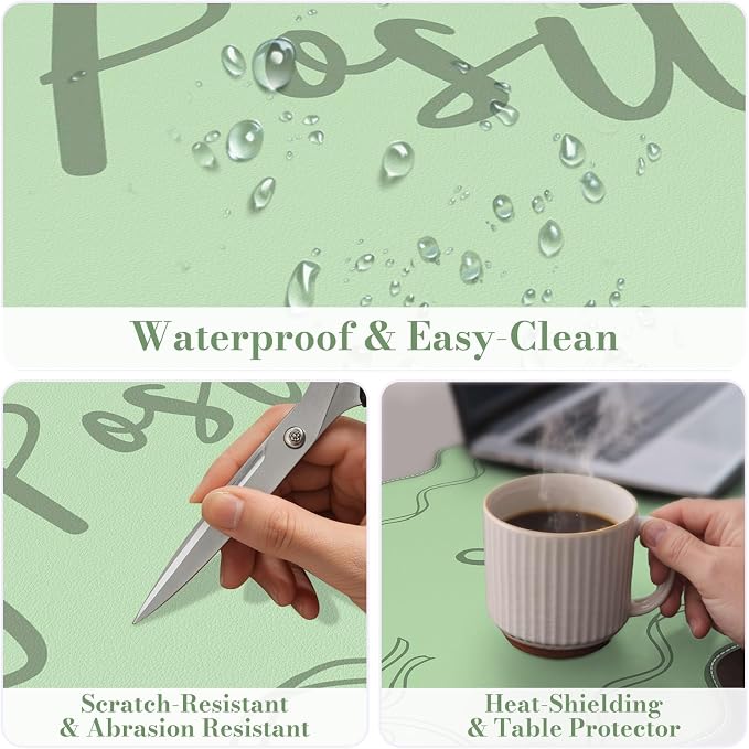 iCasso Green Scalloped Desk Cover Mat, Extra Large Mouse Pad, PU Leather Desk Pad Mat,Waterproof Writing Blotter for Desktop Protector, Non-Slip XXL Big Mousepad for Computer Office Dorm-Bow
