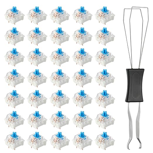 YUXIANLB 50pcs Blue Mechanical Keyboard Switches, 3 Pin Clicky Keyboard Switches Puller Dustproof Waterproof Clicker with Remover Tool Key Accurate Typing for Repair DIY Builds Typing Gaming