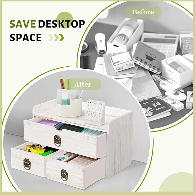 Wood Desk Organizer with Drawer, White Wooden Desktop Organizer, Tabletop Storage Organization Box for Countertop, Home Office Supplies, 13.5x6.6x8.2 Inch(3 Drawer and Shelf)