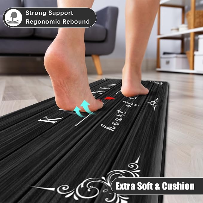 Sofort Kitchen Mat for Floor, Anti Fatigue Cushioned Kitchen Rugs Sets of 2 | Non-slip, Waterproof, Comfort, Rustic Wooden, Black, For Kitchen, Office, Sink, Laundry, 17"x 29"+ 17"x 47"