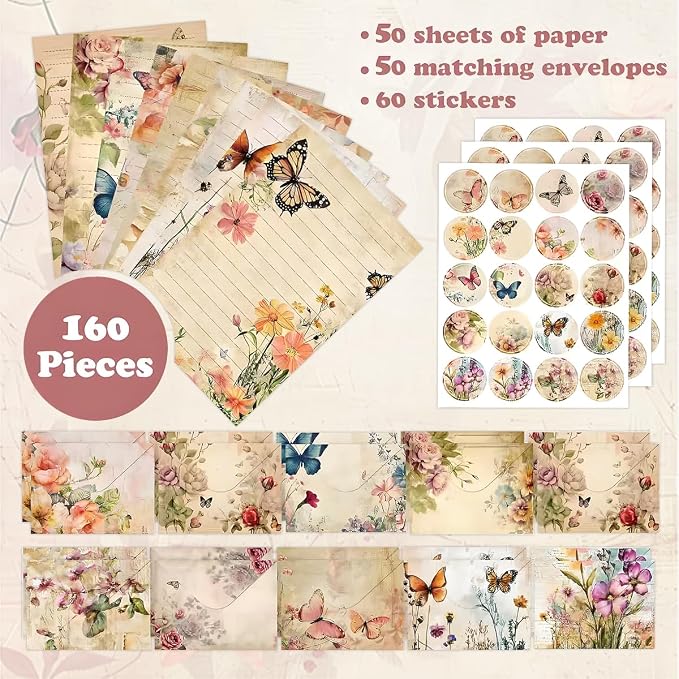 FUNCLASS 160 Pcs Stationery Set Letter and Envelopes – 50 Lined Stationery Paper and 50 Matching Envelopes, 5.5 x 8.25 Inches Letter Writing Stationery for Home, Office, School (Vintage Butterfly)