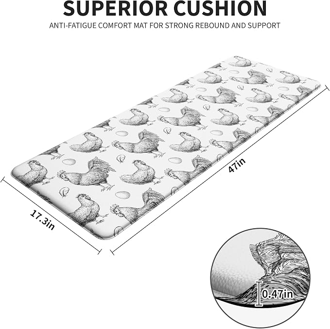 Farmhouse Chicken Kitchen Decor Mat, Cushioned Anti Fatigue Non-Slip | Farmhouse Chicken Pattern,Cushioned Comfort, Non-Slip Backing,Waterproof Surface,Easy Clean, Kitchen Sink,Laundry Room