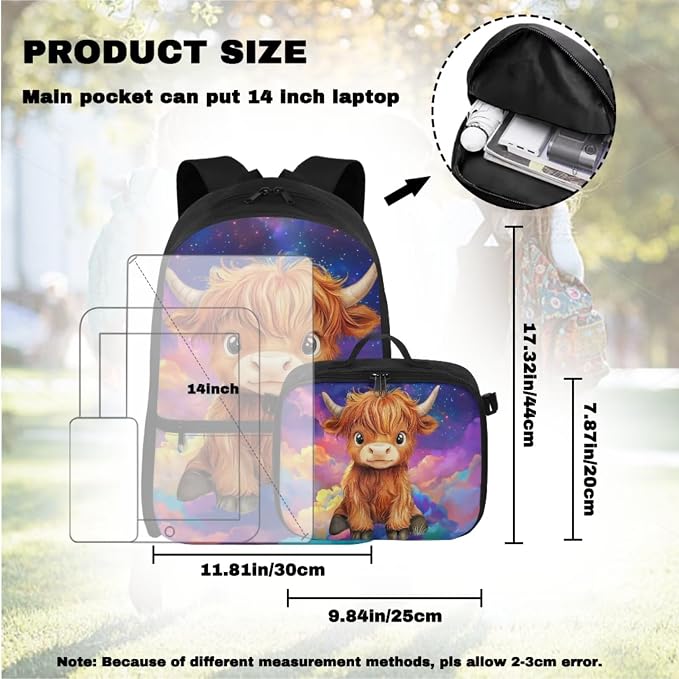 Doojoayie Highland Cow Backpack for Girls with Lunch Box Trendy Kids School Bag for Summer Elementary School Backpack for Boys 8-12 Lightweight Bookbag with Insulated Lunch Box