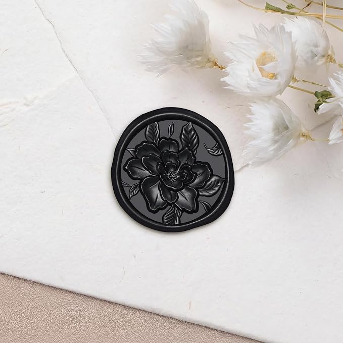 UNIQOOO Wax Seal Stickers - 3D Vintage Floral Wedding Invitation Envelope Botanical Seal Stickers, 50 Pcs Self- Adhesive Black Flower Stickers, Perfect for Invitation, Gift Wrapping, Party