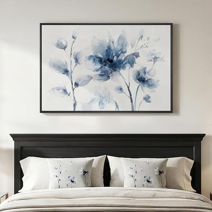 Framed Blue Floral Wall Art for Bedroom, Modern Botanical Canvas Painting Prints, Natural Minimalist Pastel Watercolor Elegant Flower Pictures for Living Room Dining Room Office Wall Decor, 24x36 Inch