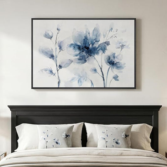 Framed Blue Floral Wall Art for Bedroom, Modern Botanical Canvas Painting Prints, Natural Minimalist Pastel Watercolor Elegant Flower Pictures for Living Room Dining Room Office Wall Decor, 24x36 Inch