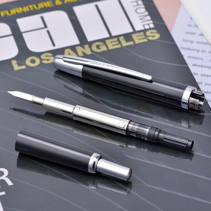 Jinhao 20 Press Fountain Pen, Piano Black Retractable Fine Nib with Ink Converter Set (Silver Clip)