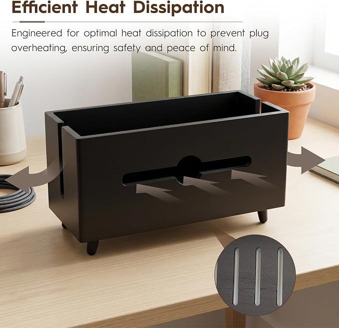 Extra Large Cable Management Box，Wood Cable Organizer Box,Power Strip Box & Organizer for Power Strip, TV Wires & Desk Cable Storage,Hide Desk Cord and Floor Cables (Black) (Black)