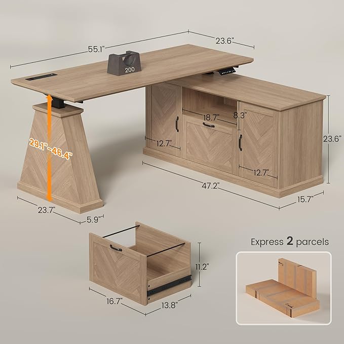 Farmhouse L Shaped Electric Standing Desk with Power Outlet & 2 Cabinets, 55.1" x 47.2" Height Adjustable Office Executive Standing Desk with Storage, File Drawer & Shelf, Natural