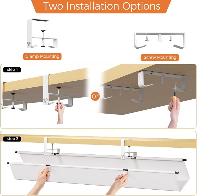 Under Desk Cable Management Tray, 48" Fabric Wire Cord Organizer, White | No Drill Under Table Wire Organizer with 16X Cable Ties for Office/Home, Cord Hider Fit Adapters & Sockets, Clamp/Screw Mount