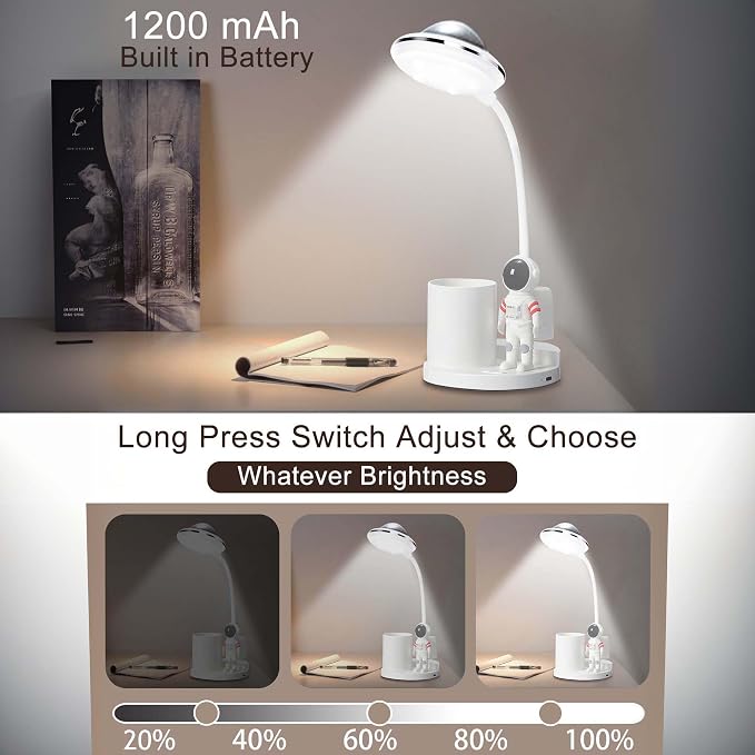 Astronaut Desk Lamp for Kids,Star Space Projector Space Rocket Lamps,Astronauta Lights with Pen Holder,Step-Less Dimming Lighting,Eye-Care Reading Small Desk Lamps for Bedroom,Gifts for Boys and Girls