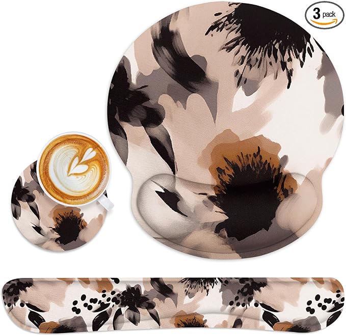Britimes Brown Boho Tribal Flower Ergonomic Mouse Pad Set with Wrist Rest Non-Slip Rubber Base Wrist Cushion Support and Coasters Mousepad with Wrist Support for Computer Keyboard and Desk