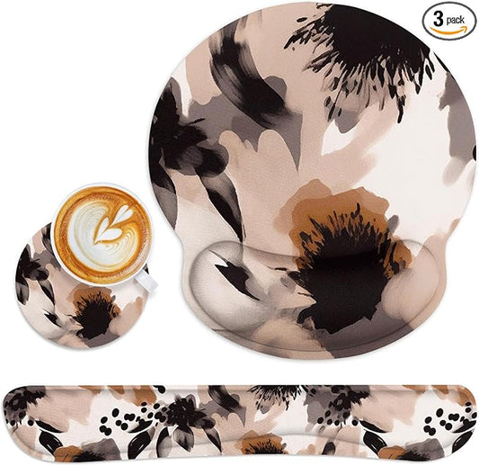 Britimes Brown Boho Tribal Flower Ergonomic Mouse Pad Set with Wrist Rest Non-Slip Rubber Base Wrist Cushion Support and Coasters Mousepad with Wrist Support for Computer Keyboard and Desk