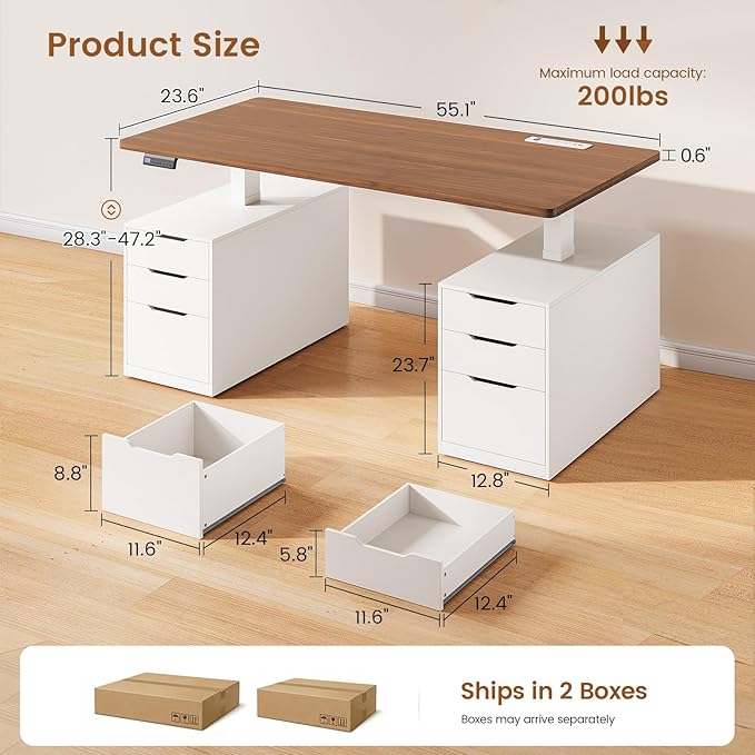 SEDETA Electric Standing Desk with 6 Drawers, 55" Adjustable Stand up Desk with Storage, Computer Desks with Power Outlets for Home Office, White