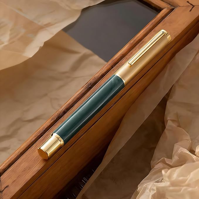 Luxury Rollerball Pen with Gold Trim, Elegant Resin Writing Instrument, Fine Point Black Ink Refill, Business Signature Pen with Metal Gift Box for Executive, Men, Women (Glacier Green)
