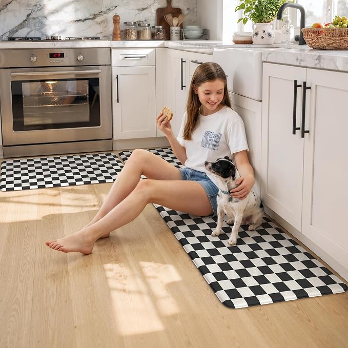 KIMODE Anti Fatigue Mats for Kitchen Floor,Checkered Kitchen Rugs Sets of 2 | 20"x59"+20"x32" Farmhouse Kitchen Floor Mats Non Slip, Cushioned Laundry Room Rug, Plaid Standing Desk Mat for Office Dorm