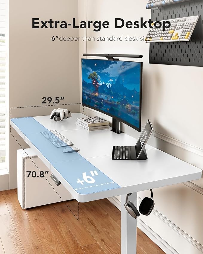 HUANUO 71 x 30 inch White Electric Standing Desk, Large Height Adjustable Table, 4 Memory Preset Sit Stand Up Desk, Powerful Brushless Motor Home Office Computer Table with Thick T-Shaped Frame