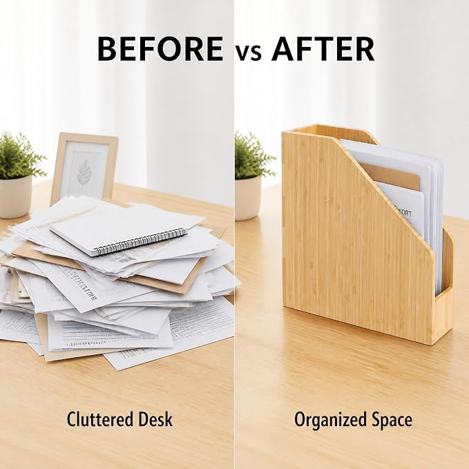 2 Pack Bamboo Magazine File Holder Book Holder Frames | Document Cabinet Rack, Storage Organizer, Small Magazine Shelf, For Home, Office
