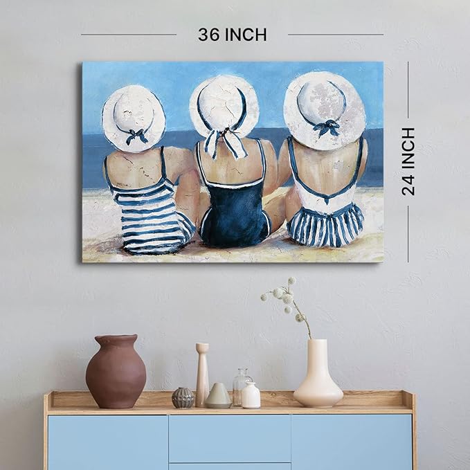 Vintage Beach Wall Art Coastal Bathroom Decor for Girl Navy blue and White Tropical Ocean Seascape Canvas Prints Picture Retro Swimsuit Woman Nautical Artwork for Bedroom Living Room Decoration 24x36"